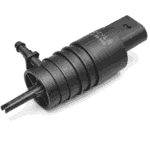 Black windshield washer pump shown in a rotated position on a white background, featuring a ribbed cylindrical body, a right-angle hose connector, and a straight outlet nozzle with soft shadow underneath.