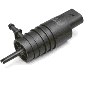 Black windshield washer pump shown in a rotated position on a white background, featuring a ribbed cylindrical body, a right-angle hose connector, and a straight outlet nozzle with soft shadow underneath.