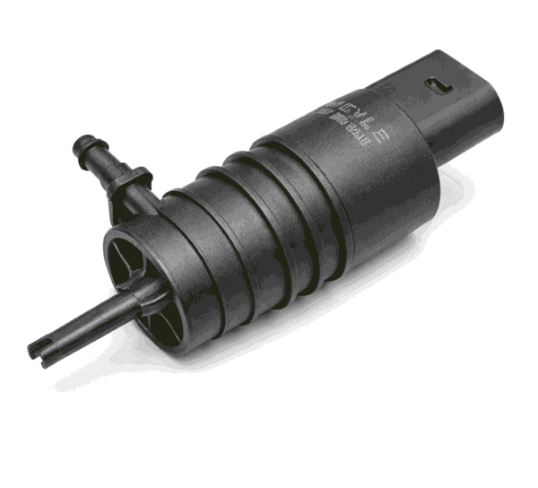 Black windshield washer pump shown in a rotated position on a white background, featuring a ribbed cylindrical body, a right-angle hose connector, and a straight outlet nozzle with soft shadow underneath.